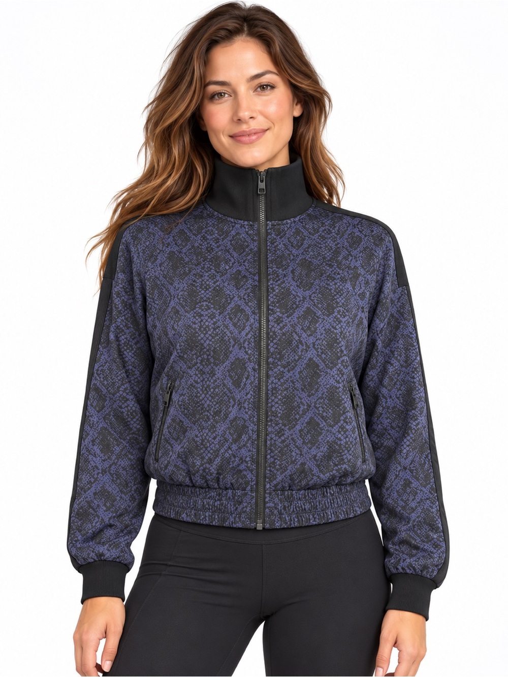 Athleta Brooklyn Track Bomber Jacket XS Black Purple Animal Print Full Zip DWR